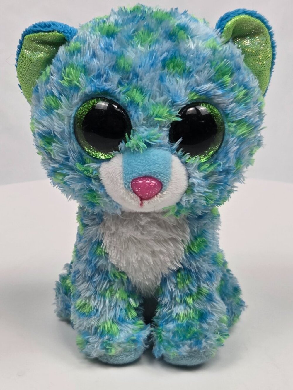 Ty Beanie Boos Leona The Leopard Cat Blue 6" Plush Green Glitter Eyes Pink nose